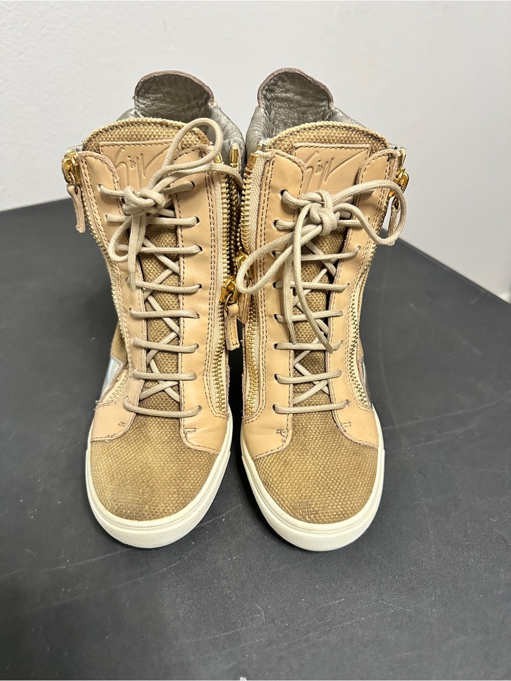 Giuseppe Zanotti Beige/Tan High-Top Lace-Up Sneakers with Gold Zippers